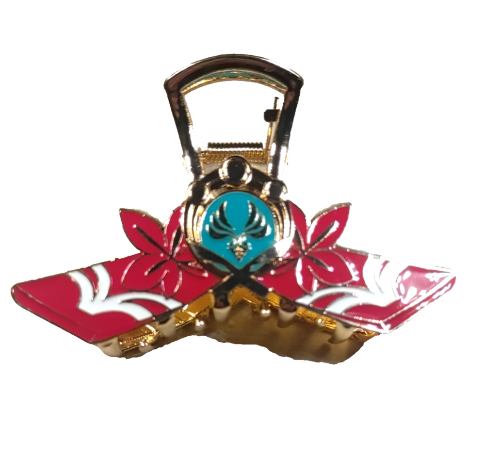 Asian Design Hair Barrette Claw Clip Gold Tone Red Turquoise Color Metal